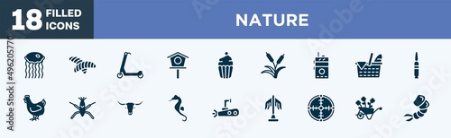 set of nature icons in filled style. nature editable glyph icons collection. medusa, chrysalid, scooter, birdhouse, cupcake vector.
