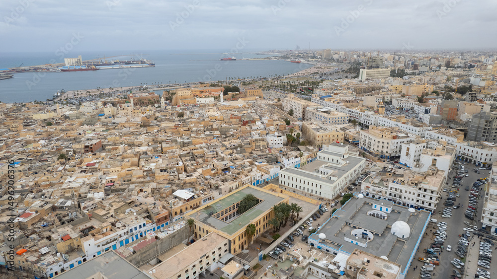 December 30, 2021: Capital of Libya, Tripoli seafront skyline view. December 30, 2021: Capital of Libya, Tripoli seafront skyline view.