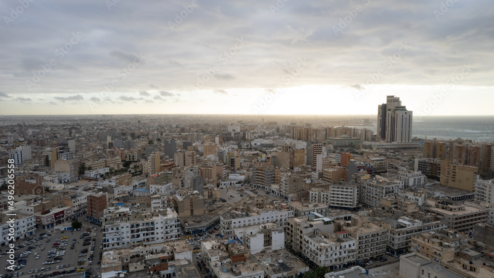 December 30, 2021: Capital of Libya, Tripoli seafront skyline view.