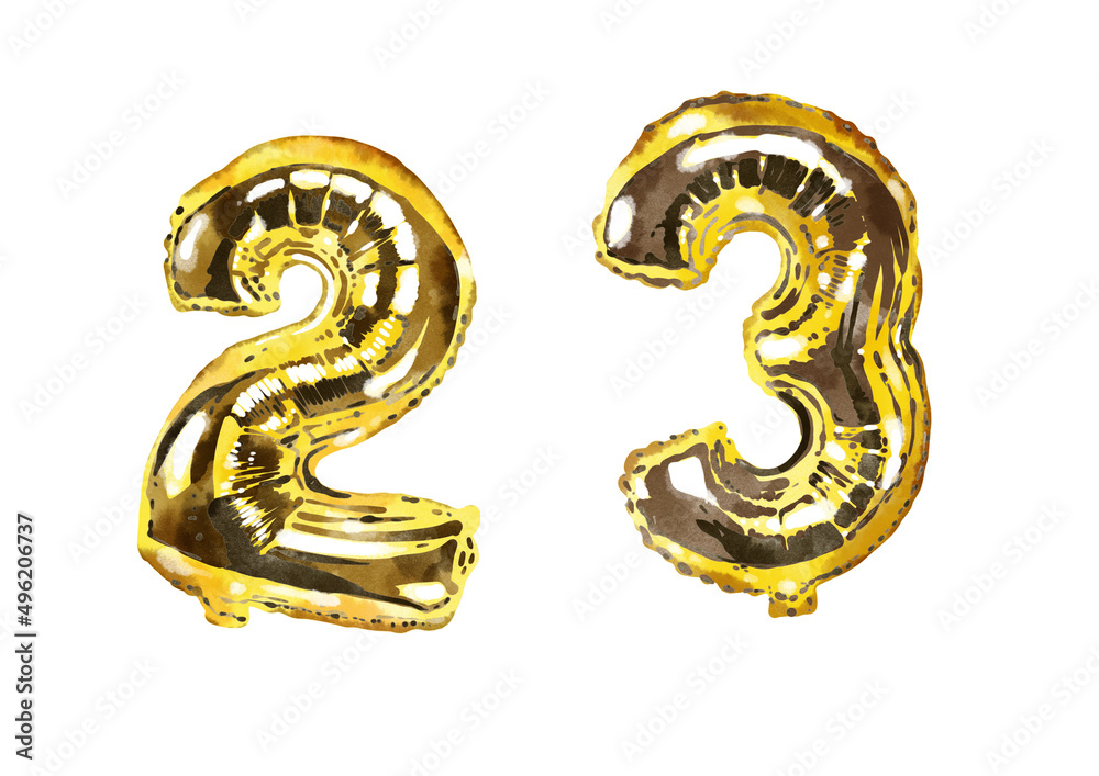 Set of watercolor golden foil balloons in shape of ten numerals . Hand drawn party stuff, decorative elements, isolated on white Set of watercolor golden foil balloons in shape of ten numerals . Hand drawn party stuff, decorative elements, isolated on white