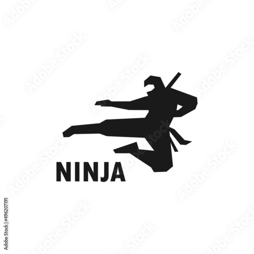 Fotótapéta Jumping ninja kicking attack simple black vector silhouette illustration