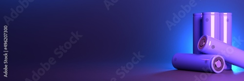 5 purple cylindrical batteries on the table. Wide dark blue banner with space to place text for advertising or announcement. Lithium-ion batteries for electrical devices