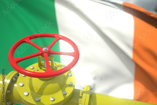 Waving flag of Ireland and the gas or oil pipeline valve. Conceptual 3d rendering
