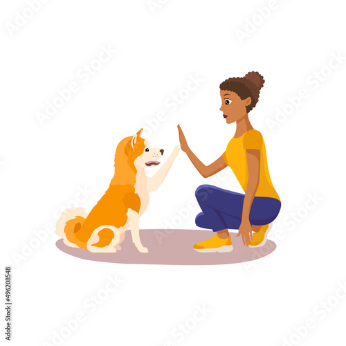 Akita dog giving paw to the dark skinned girl. Love to the pet. Flat vector illustration isolated on white background