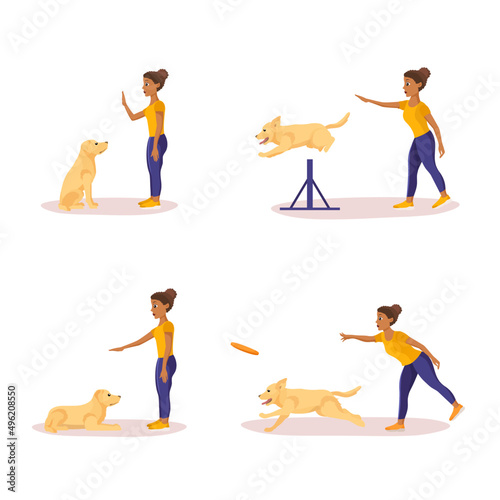 Dark skinned girl training Labrador Retriever teaching different commands. Set of vector illustrations isolated on white. Sit, Down, Retrieve, Jump