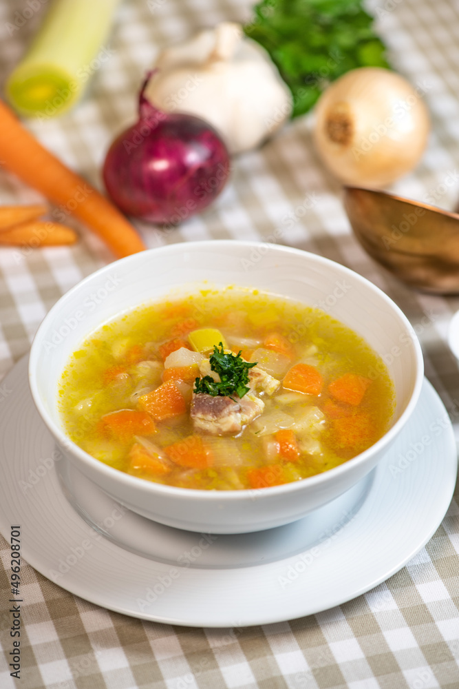Fresh Vegetable soup in a white bowl , Traveling Fresh Vegetable soup in a white bowl , Traveling