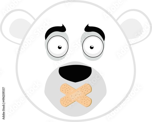 Vector illustration of the face of a cartoon polar bear with adhesive bands on his mouth