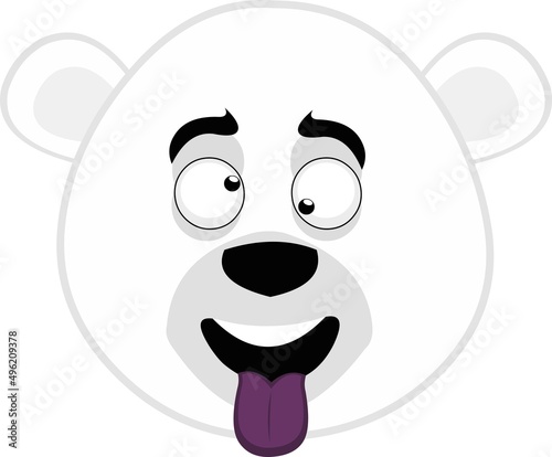 Vector illustration of the face of a cartoon polar bear with a crazy expression, crossed eyes and sticking out his tongue