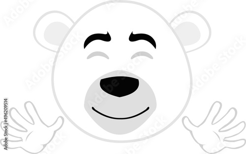 Vector illustration of the face of a cartoon polar bear with a happy expression and waving with his hands