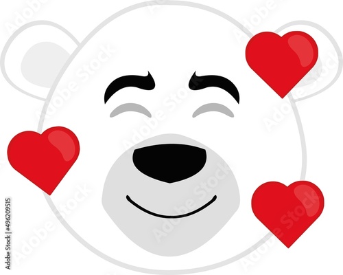Vector illustration of the face of a cartoon polar bear with a happy expression and surrounded by hearts