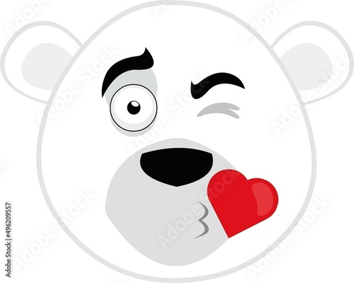 Vector illustration of a cartoon polar bear face giving a heart-shaped kiss