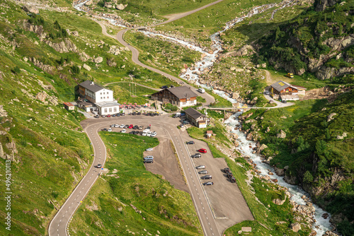Sustenpass, Switzerland - August 8, 2021: The Susten Pass (2224 m high) connects the Canton of Uri with the Canton of Bern. The pass road is 45 km long and is one of the newer ones in the Swiss Alps. photo