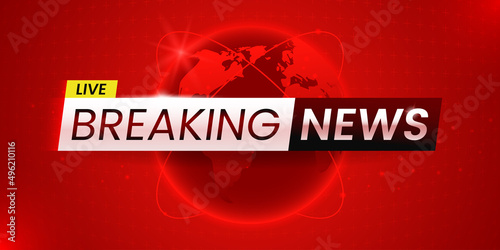 Breaking news live banner design. Global news headline on red background with glowing planet earth. Announcement of recent events. Vector illustration.
