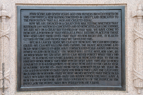 Photography text of Lincoln's Gettysburg Address in the National cemetery at the Lincoln spe