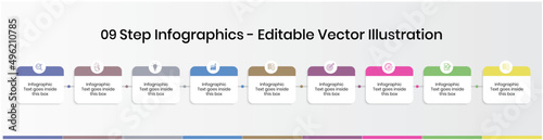 9 Steps Infographics Design Template - Graph, Pie chart, workflow layout, squire diagram, brochure, report, presentation, web design. Editable Vector illustration