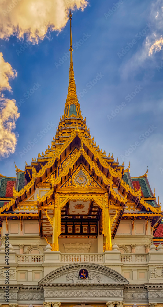 Traditional structure with decoration at Buddhist temple walls in Thailand.