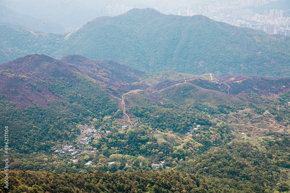 Landscape after wildfire. countryside near Sha Tin, Hong Kong
