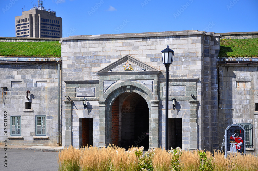 Fototapeta premium Dalhousie Gate of La Citadelle of Quebec National Historic Site in Old Quebec City, Quebec QC, Canada. The fortress is in Historic District of Old Quebec World Heritage Site. 