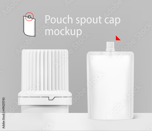 Realistic pouch bag mockup with spout cap. Vector illustration. Front view. Can be use for template your design, presentation, promo, ad. EPS10.	
