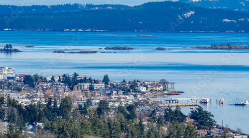 Aerial townscape and ocean view, Sidney, British Columbia, Canada photo