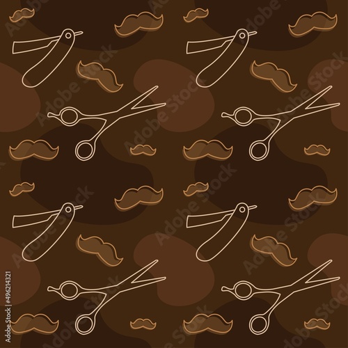 Mustache barbershop pattern, facial hair care background template, stache trimming scissors, shaving razor blade vector illustration design, repeat doodle style wallpaper