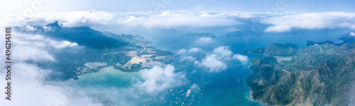 Aerial view of countryside landscape in a foggy day. Sai Kung, Hong Kong