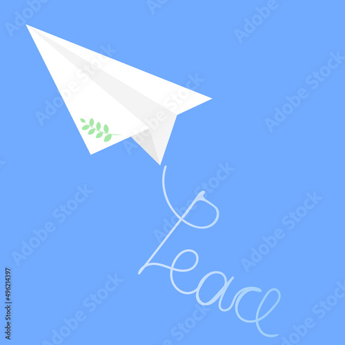 A paper airplane flies into the sky, a trace of the inscription "peace" remains behind it
