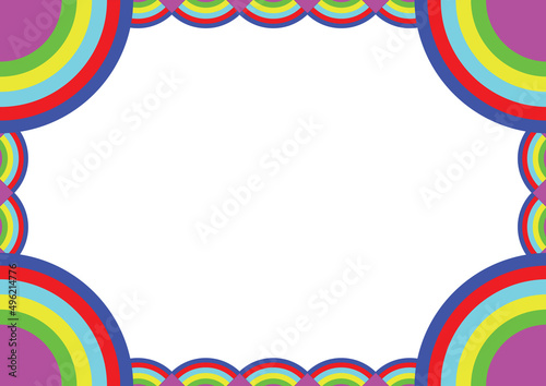 Colorful frame with hems with rainbow circles for childrens party. Colored patterned with white space for invitation in vector and jpg.