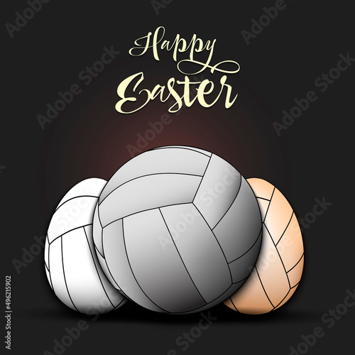 Happy Easter. Volleyball ball and easter eggs decorated in the form of a volleyball balls. Pattern for greeting card, banner, poster. Vector illustration on isolated background