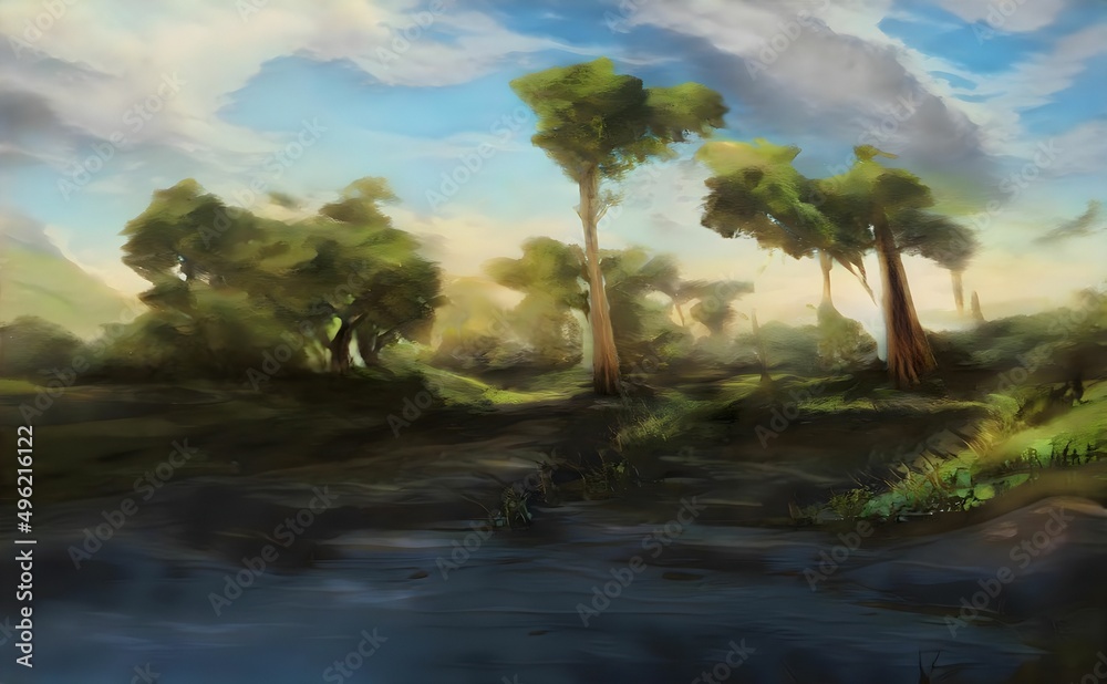 a painting of a stream next to trees