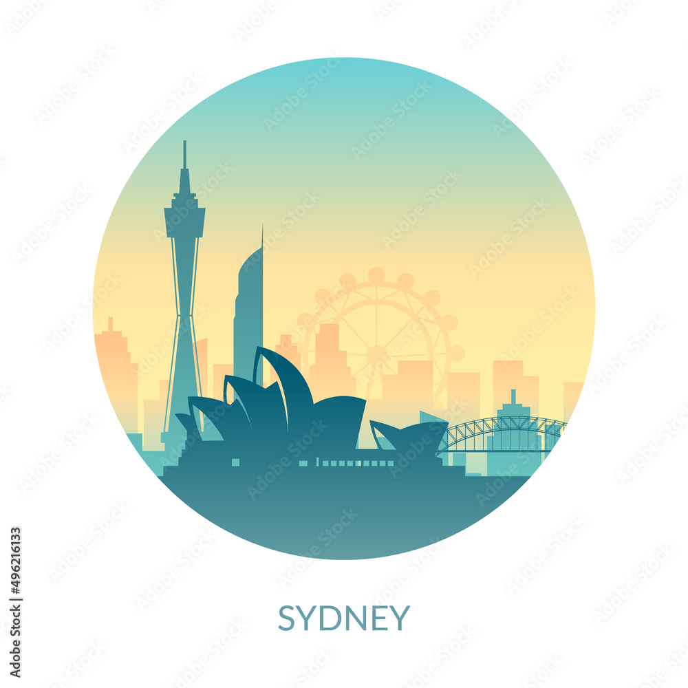 Naklejka premium Sydney, Australia famous city view color label.