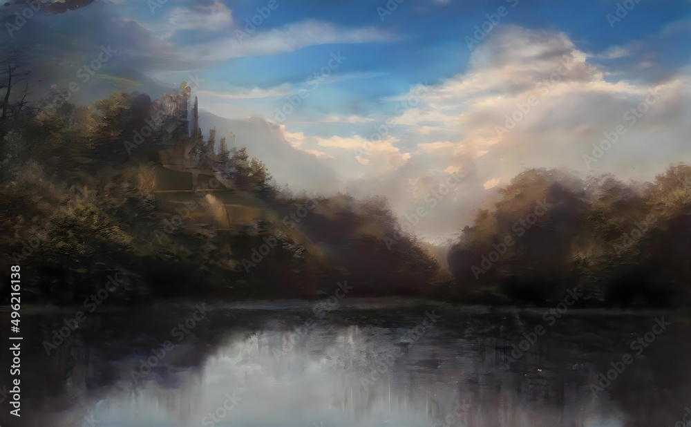 a landscape painting of a lake in the woods
