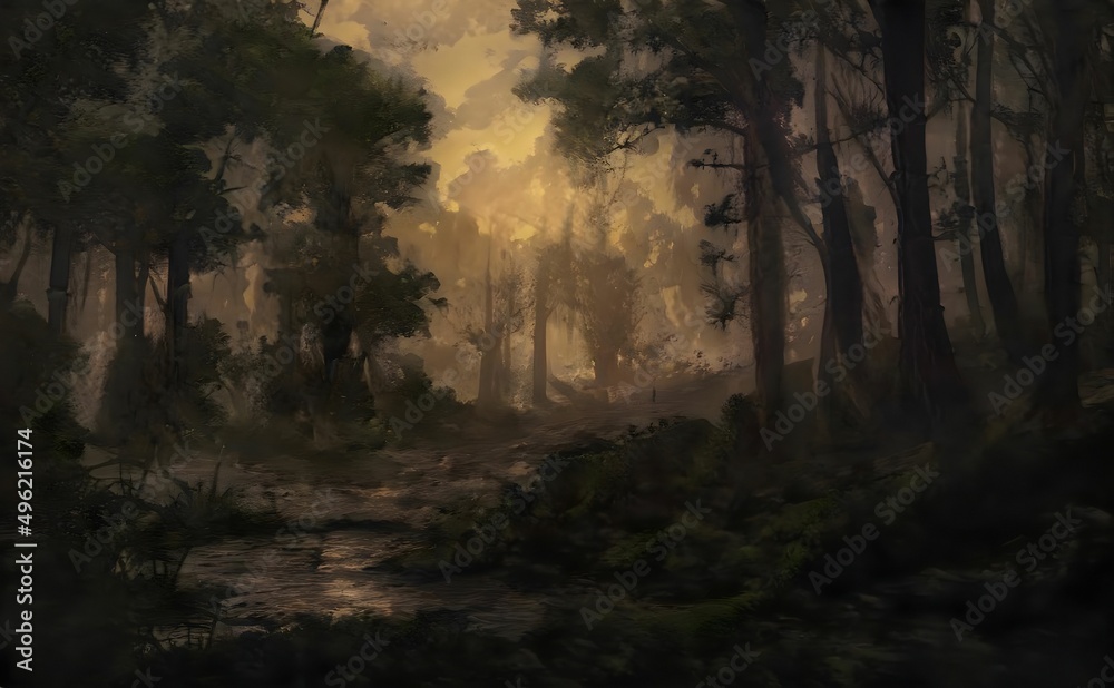 an artistic painting shows a wooded area at sunset