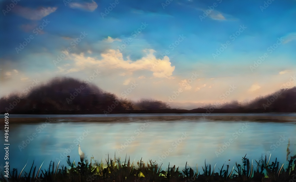 a painting of an image of the lake