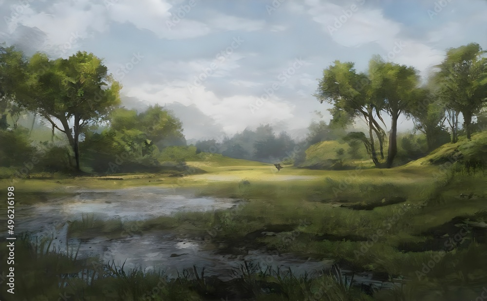 a painting of trees and water surrounded by green grass a painting of trees and water surrounded by green grass