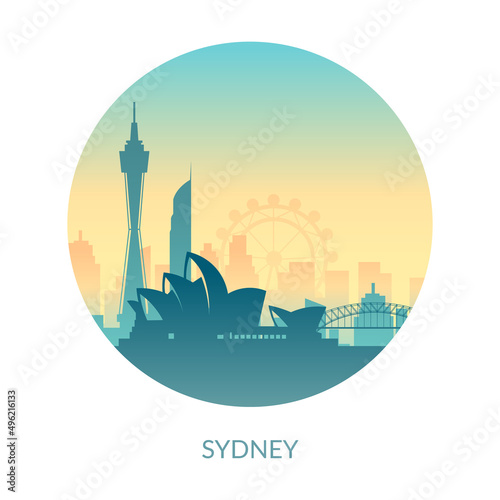 Sydney, Australia famous city view color label.
