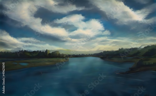 this painting has blue water and white clouds in the sky © @uniturehd