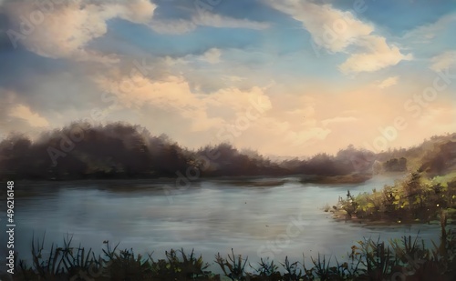 an illustration of a view of a lake and the sky