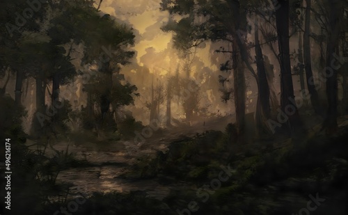 an artistic painting shows a wooded area at sunset