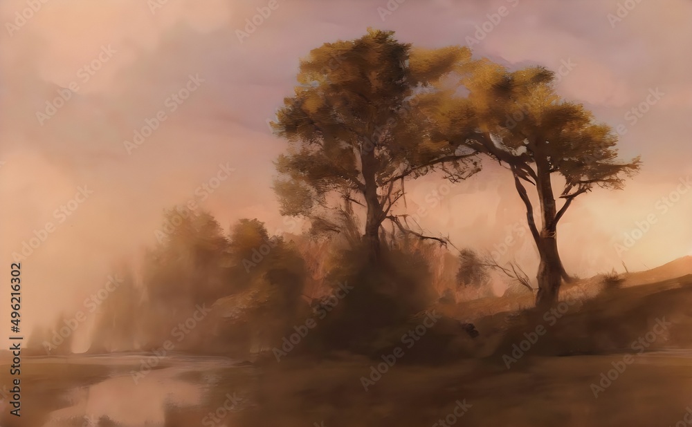 a painting of two trees and a pond in a foggy landscape