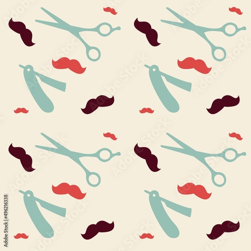 Facial hair barber pattern, barbershop background template, vintage haircutting salon, shaving scissors, razor blade vector illustration design, repeat doodle style wallpaper