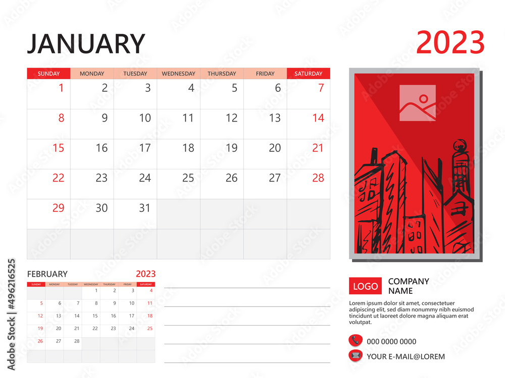 Calendar planner 2023 and Set of 12 Months, January 2023 template, week