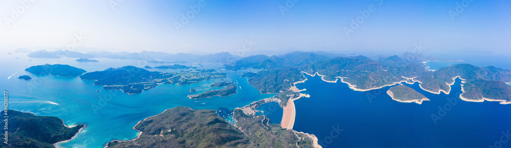 wide angle aerial view of high island reservoir, far south eastern part of Sai Kung Peninsula, Hong Kong wide angle aerial view of high island reservoir, far south eastern part of Sai Kung Peninsula, Hong Kong