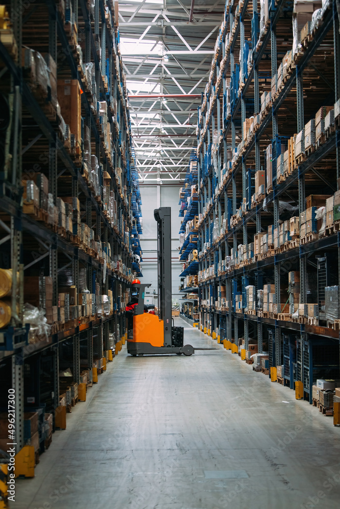 Modern warehouse interior with shelves and boxes