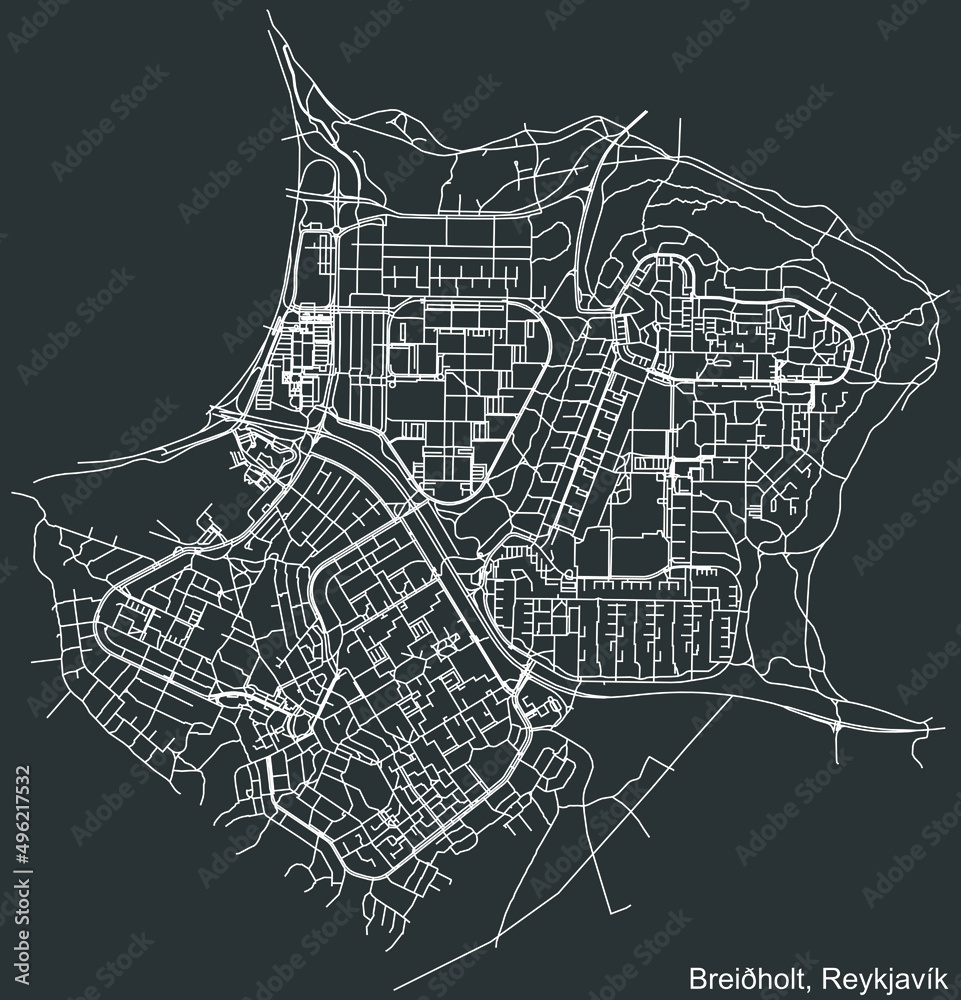Detailed negative navigation white lines urban street roads map of the BREIÐHOLT DISTRICT of the Icelandic capital city of Reykjavik, Iceland on dark gray background