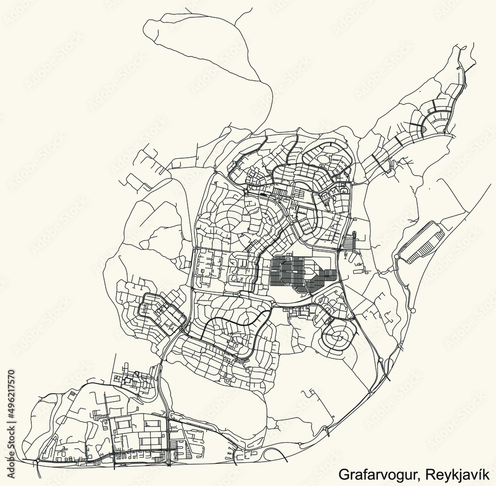Naklejka premium Detailed navigation black lines urban street roads map of the GRAFARVOGUR DISTRICT of the Icelandic capital city of Reykjavik, Iceland on vintage beige background