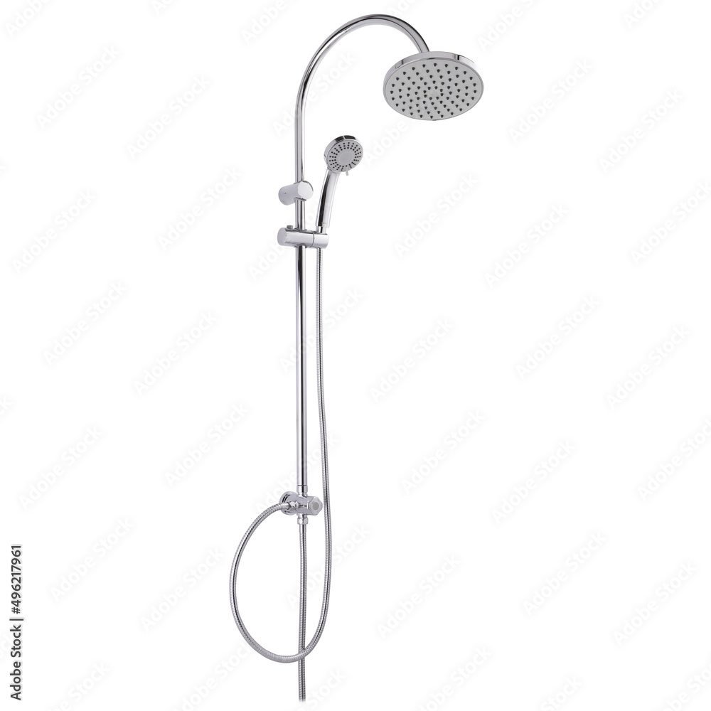 Obraz premium Photo of a shower column on a white background. Bathroom design. Elements in the interior. Water procedures increase the general tone of the body, they are also necessary for daily human hygiene.