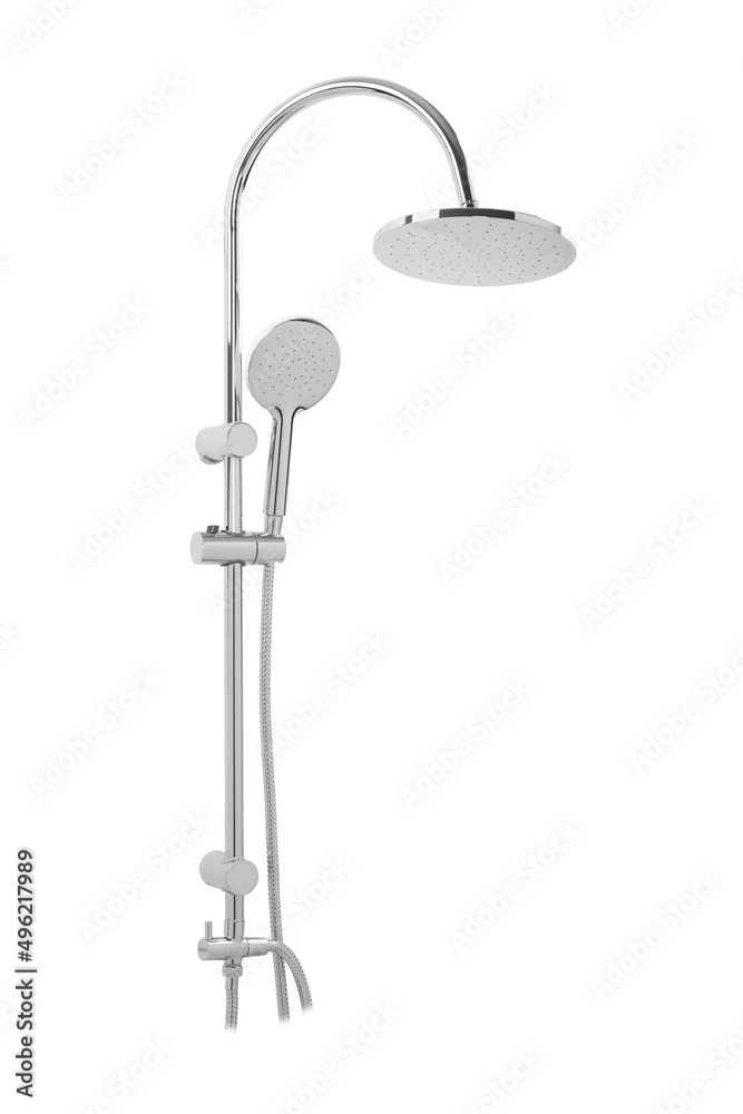 Photo of a shower column on a white background. Bathroom design. Elements in the interior. Water procedures increase the general tone of the body, they are also necessary for daily human hygiene.