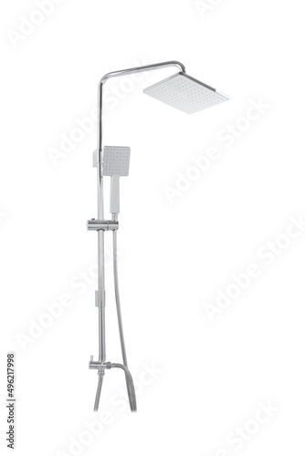 Photo of a shower column on a white background. Bathroom design. Elements in the interior. Water procedures increase the general tone of the body, they are also necessary for daily human hygiene.