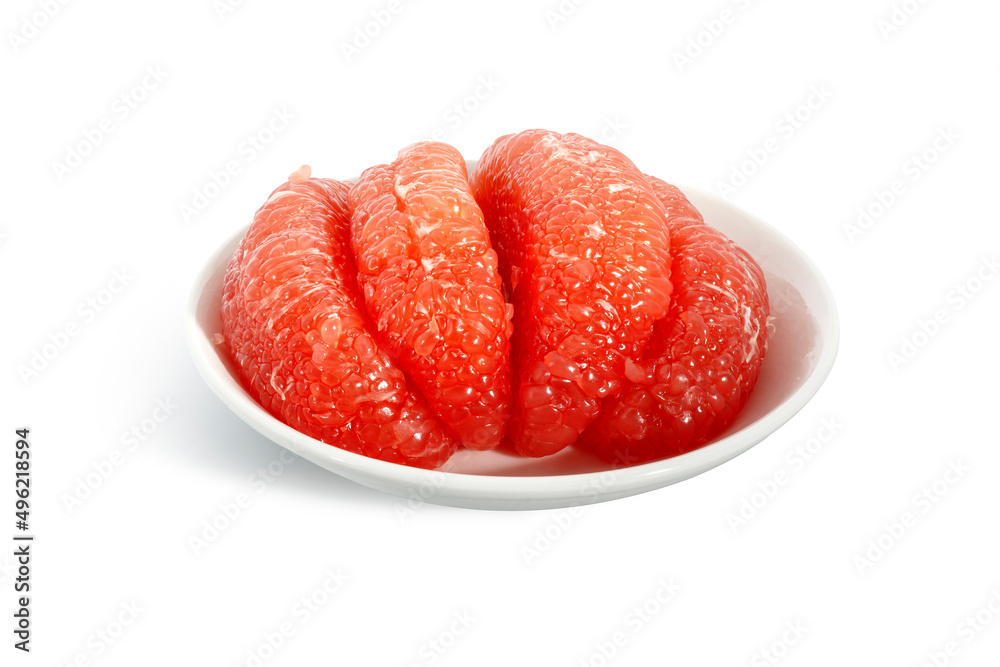 Red Pomelo or Grapefruit called Tabtim Siam in Thai, a sweet taste fruit with bright color planted in Asia, arranged beautifully on a white plate isolated on white background. Clipping path
Red Pomelo or Grapefruit called Tabtim Siam in Thai, a sweet taste fruit with bright color planted in Asia, arranged beautifully on a white plate isolated on white background. Clipping path